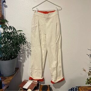 Good Alma White Cotton Twill Trousers With Red Pattern Details